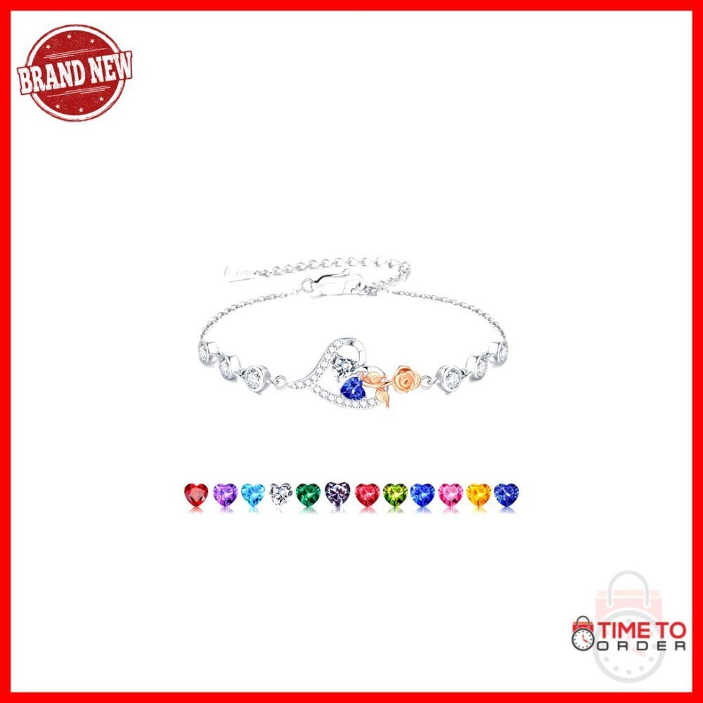 Sterling Silver Rose Heart Birthstone Bracelet, Adjustable 6+2 Inches